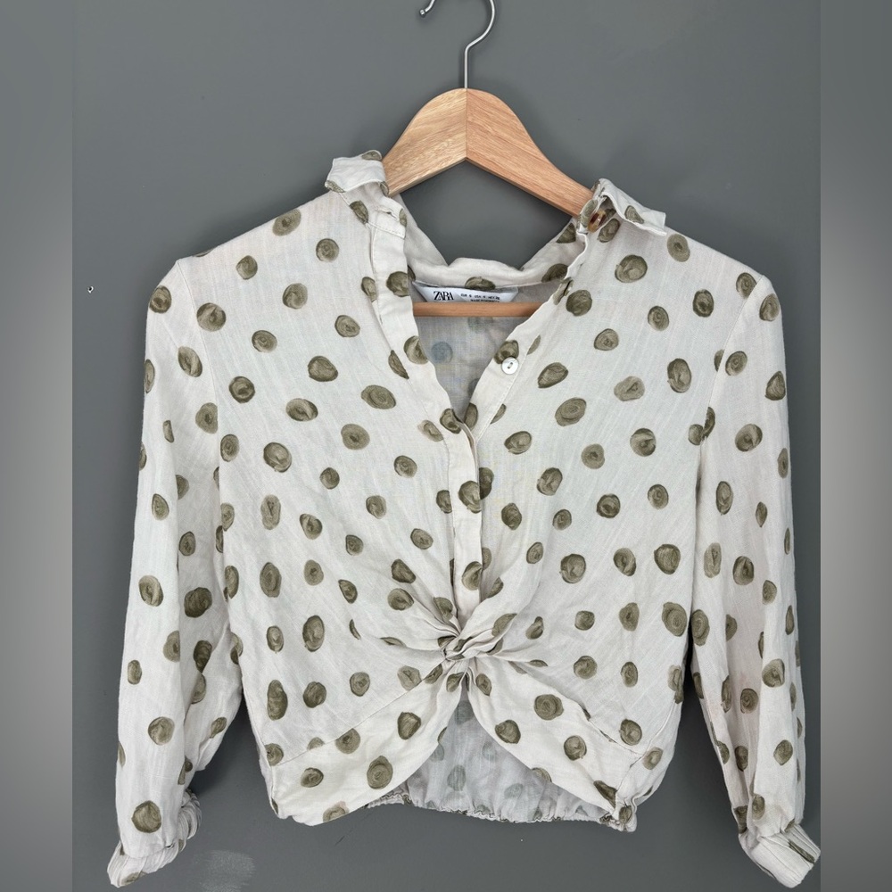 Zara Cream Knot-Front Polka Dot Blouse with Olive Dots